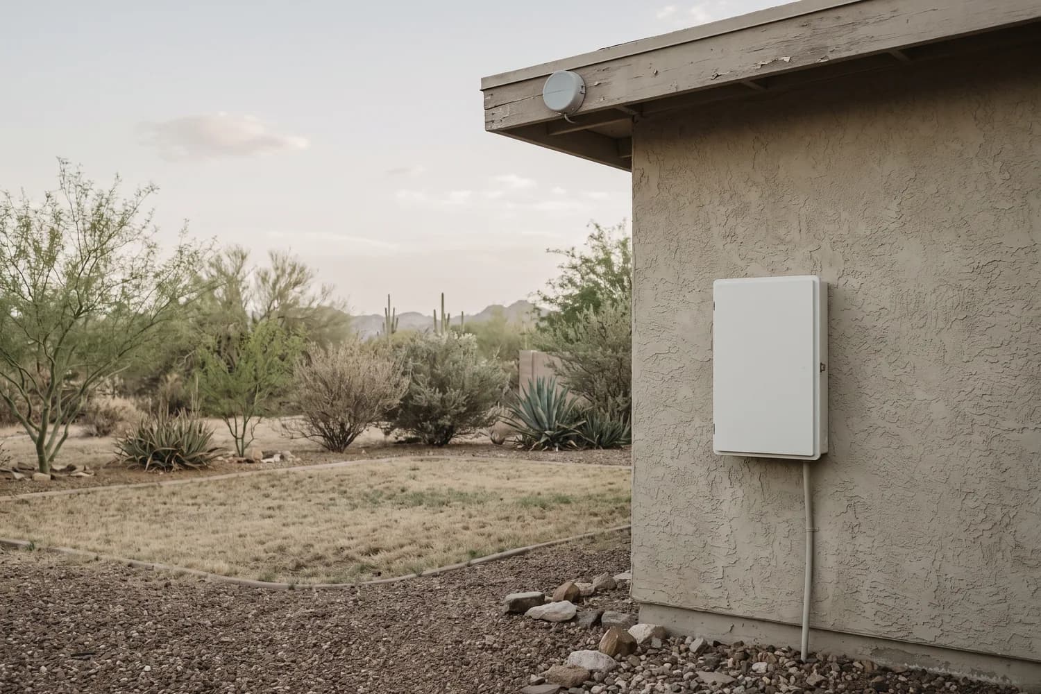 Slim white smart controller on a stucco wall under a patio cover with a small weather sensor on the beam above