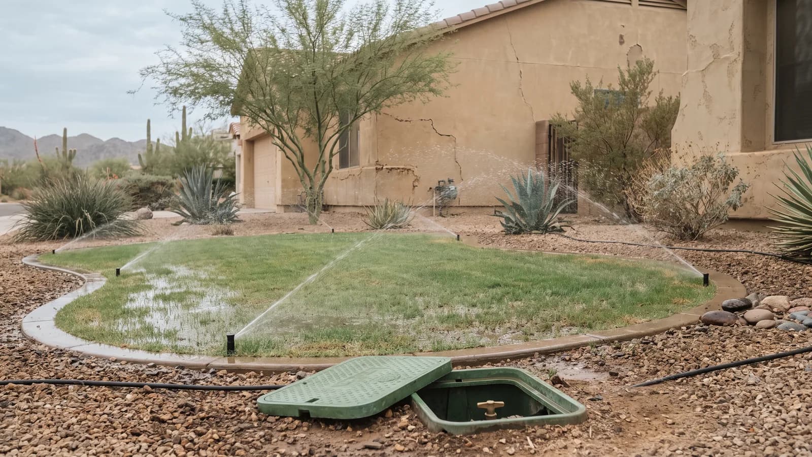 Sprinkler zone still running on a soaked small lawn, with a valve box opened nearby to reach the shut-off