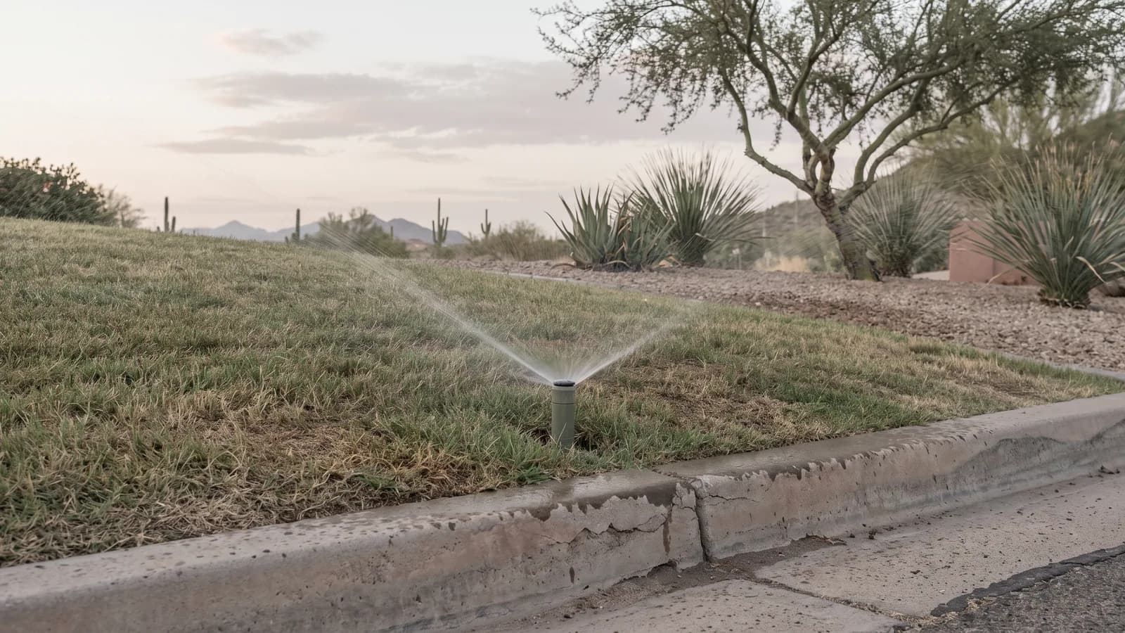 Spray head watering a small sloped Bermuda lawn at dawn with the gutter below left completely dry