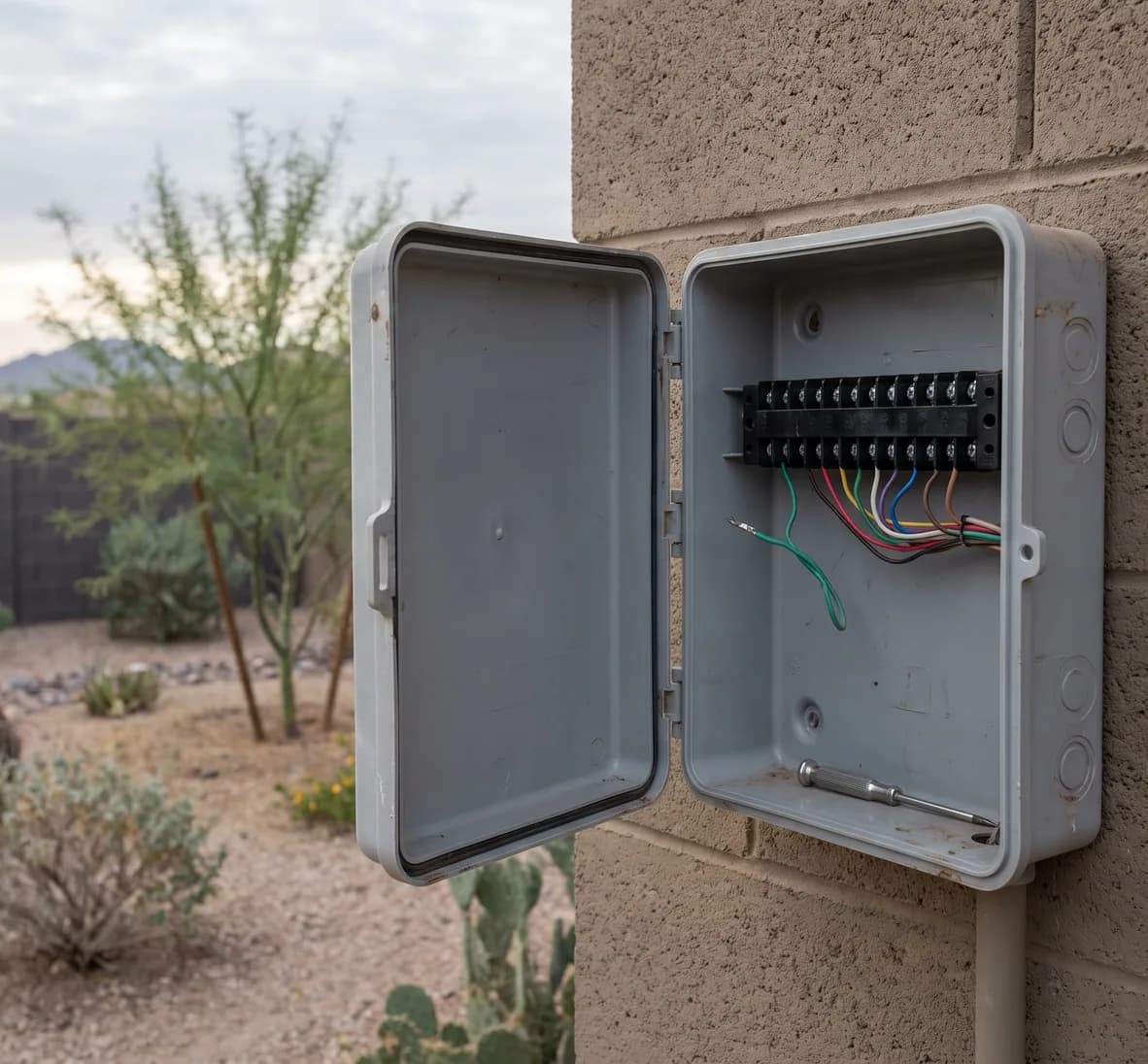 Inside of a grey irrigation controller with one zone wire loosened from the terminal strip and a screwdriver resting below