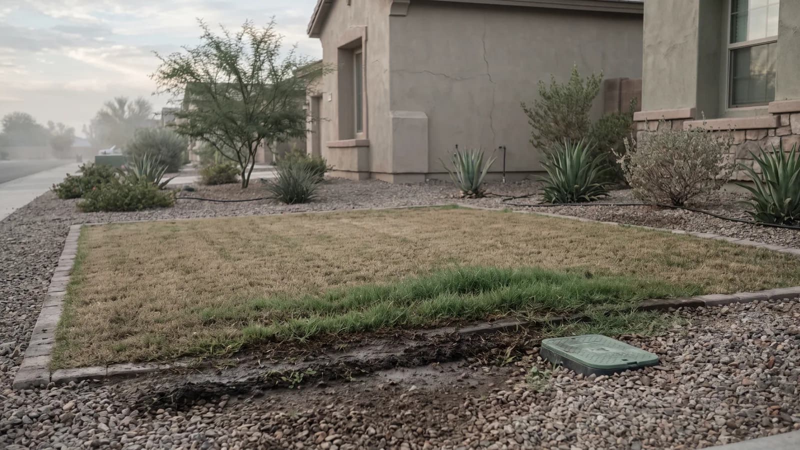 Dry Peoria front yard at sunrise with one damp strip and a greener patch of grass marking a hidden sprinkler leak