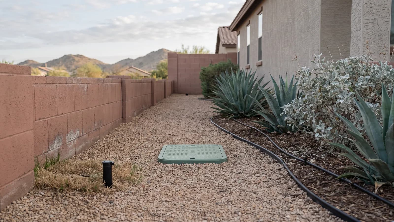 Neatly finished irrigation in a Peoria side yard: a flush valve box, pinned drip tubing and a level spray head