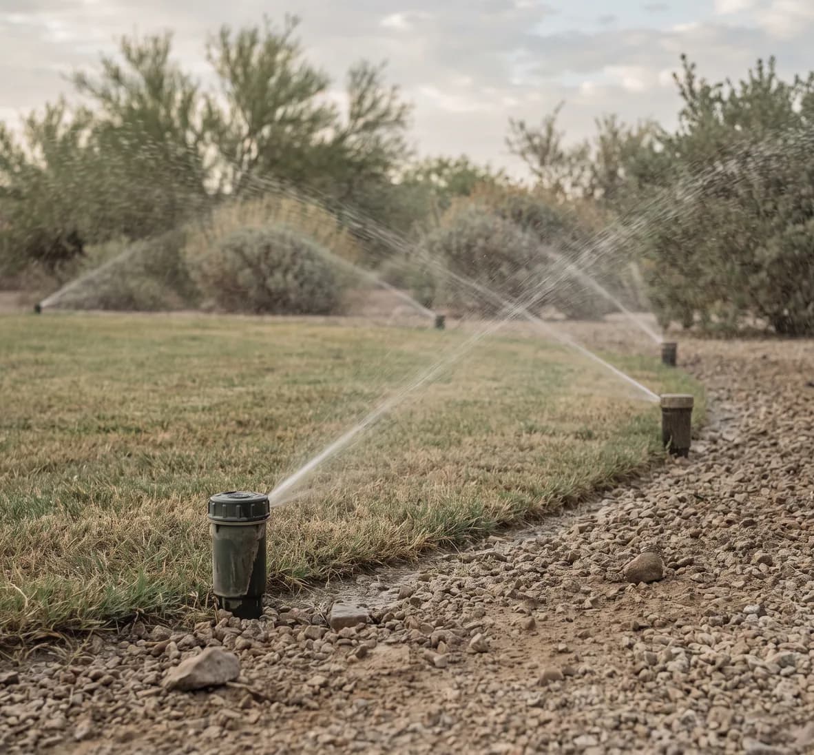 Row of matching spray heads, one new, running identical half-circle fans inward across a curved lawn edge