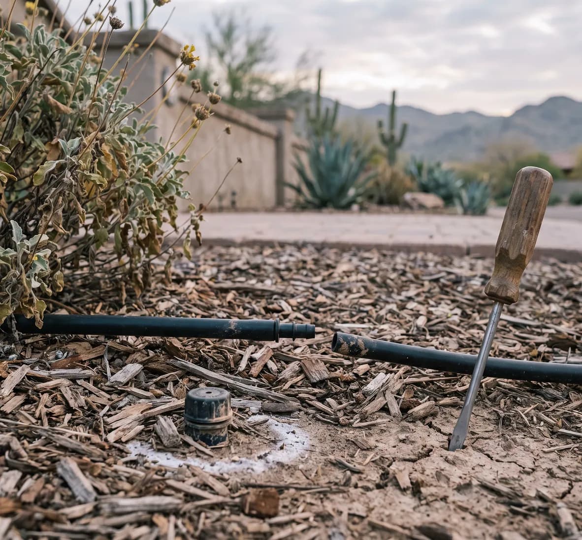 Drip line pulled apart at a fitting under mulch beside a wilting shrub, with a screwdriver pushed into the dry soil