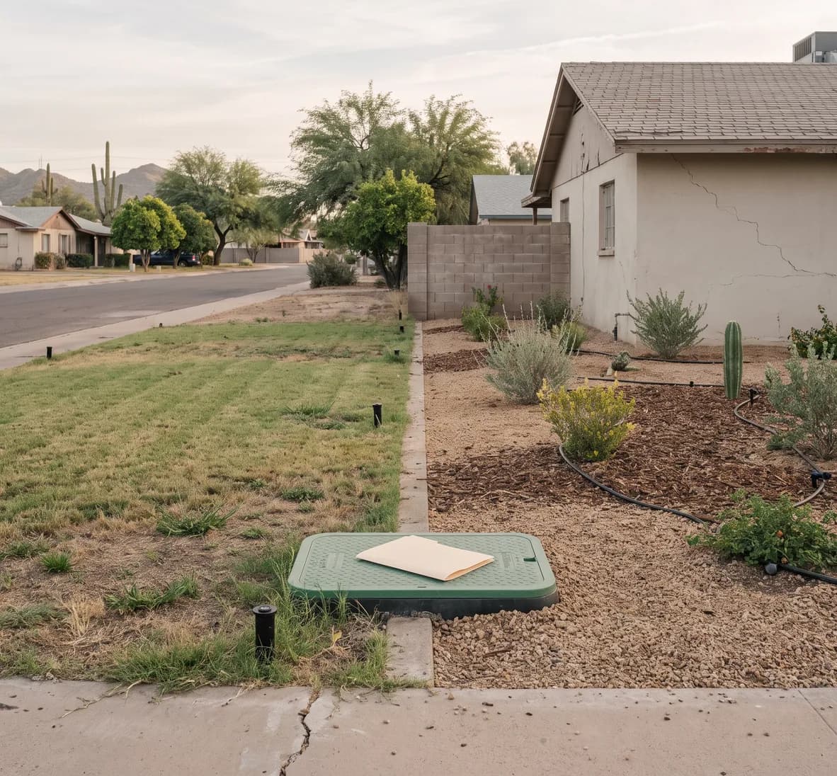 Front yard part-way through a lawn-to-desert conversion, with new drip-fed shrubs beside the remaining grass strip