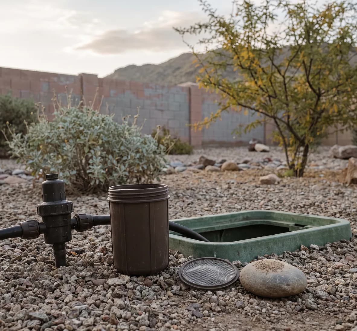 Drip filter canister opened with its mesh screen rinsed and set on the gravel beside the drip zone assembly