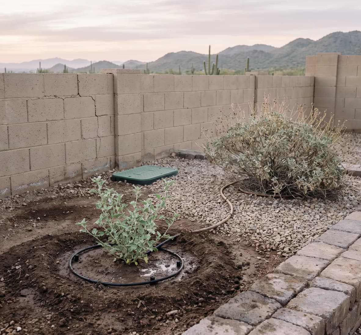 Newly planted shrub in a damp basin on its own emitters beside a mature desert shrub in dry gravel on an older line