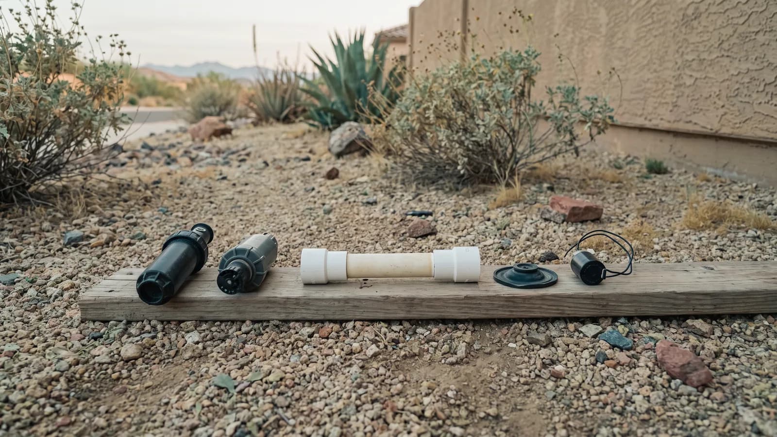 Common sprinkler repair parts laid out on a board: spray and rotor heads, PVC pipe and couplings, a diaphragm and a solenoid