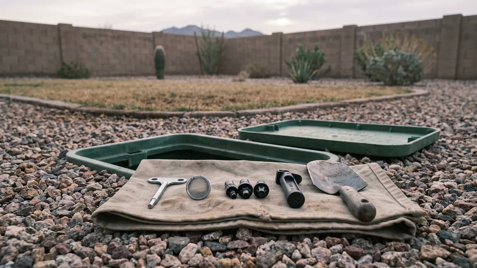 Irrigation maintenance tools and spare parts laid out on a cloth beside an open valve box in a Peoria yard