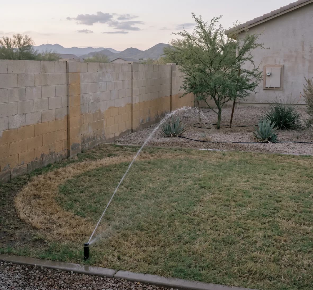 Weak spray head falling short of the lawn corner and leaving a dry brown arc beside a block wall