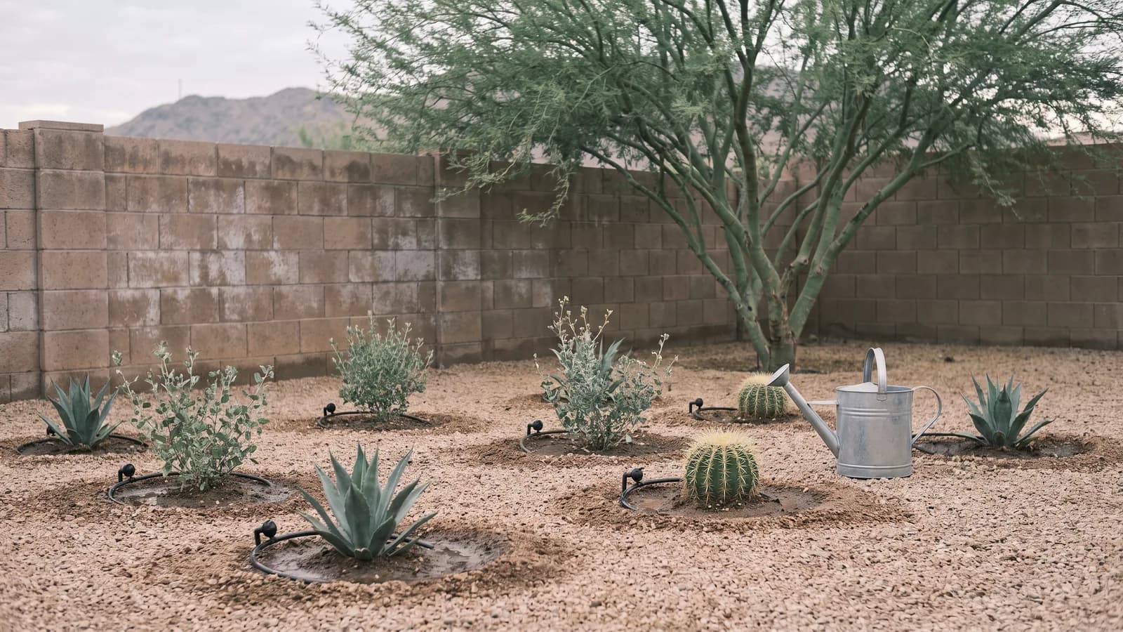 Freshly planted young desert plants in a Peoria gravel bed, each with drip emitters and a damp ring at the root ball