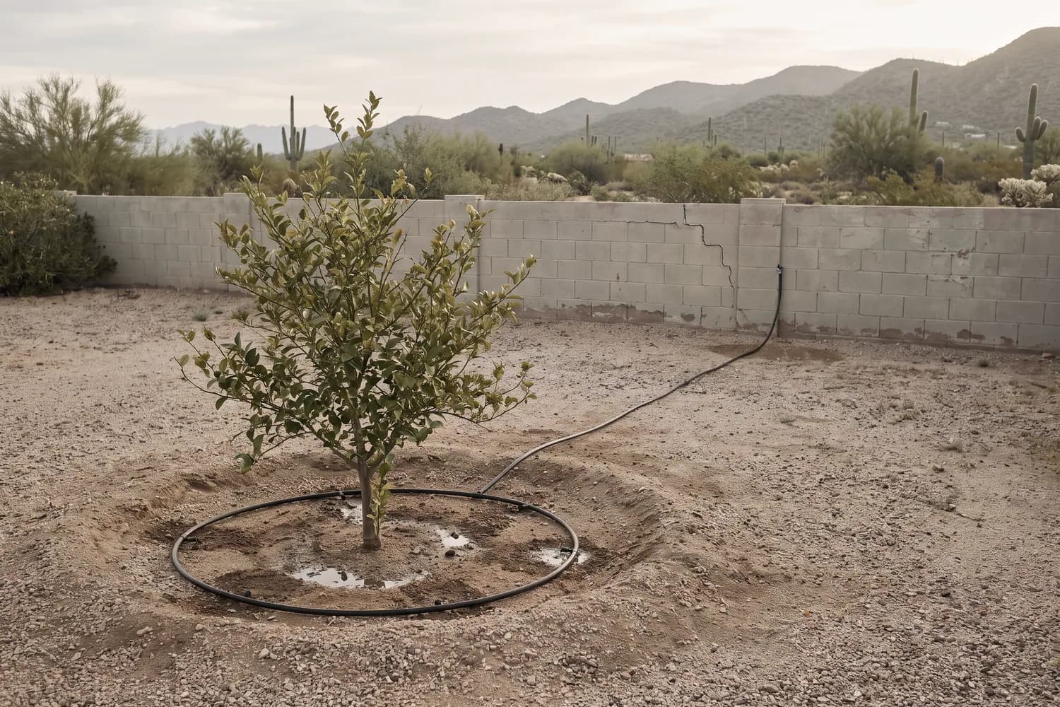 Ring of drip tubing and emitters around a young citrus tree in a gravel basin, with damp spots at each emitter