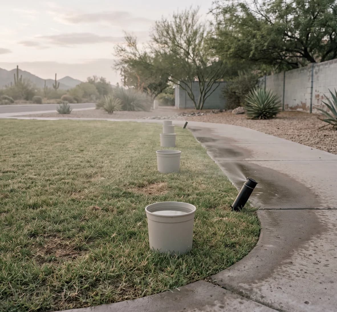 Catch cups in a small curved lawn with one tilted spray head wetting the sidewalk at the edge