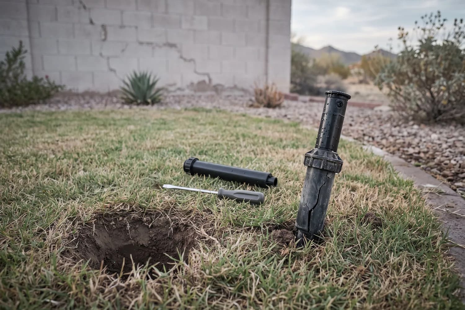 Pop-up spray body lifted from a hole at a lawn edge on its cracked riser, with a new riser and a screwdriver beside it