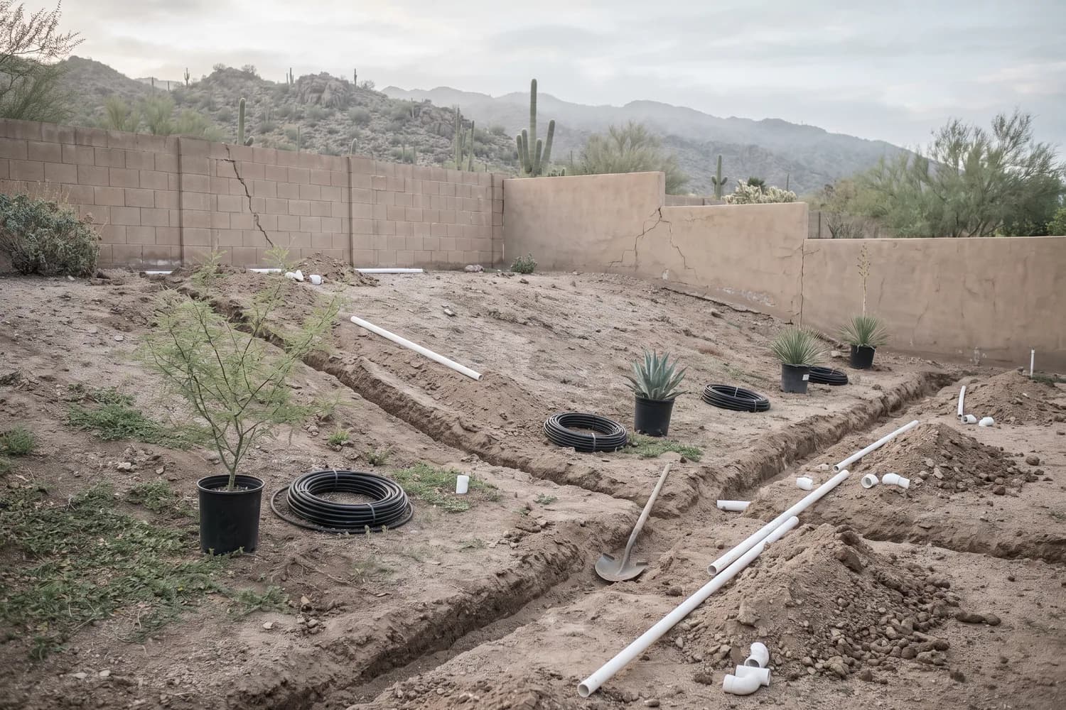 Fresh trenches across a sloping new backyard with white PVC pipe, coils of drip tubing and potted desert plants, ridges beyond