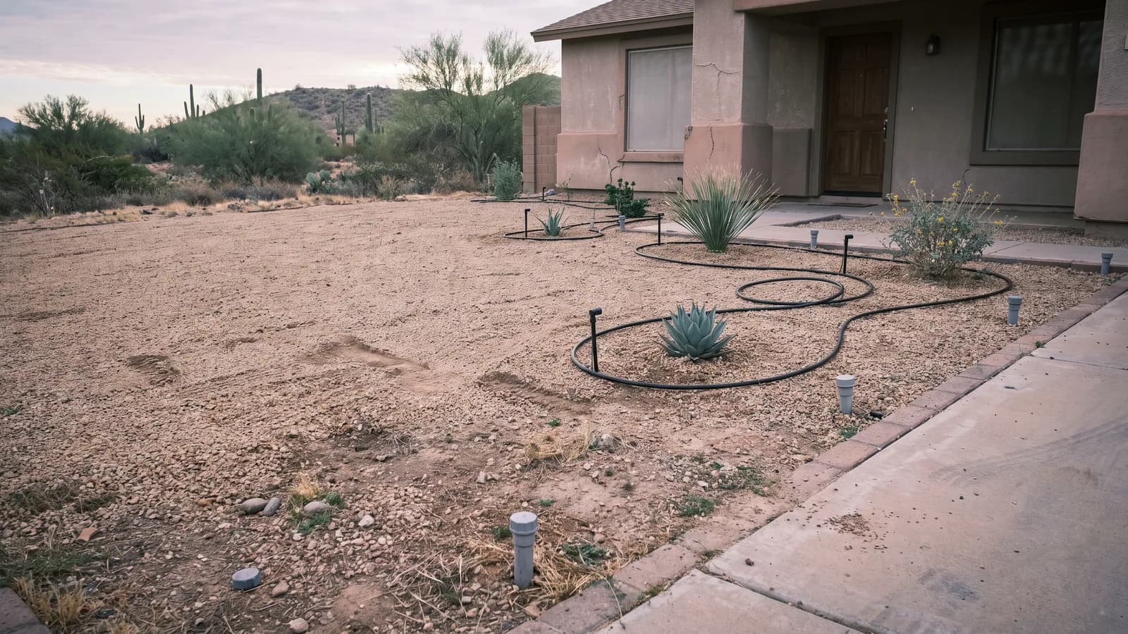 Peoria front yard after lawn removal, with fresh gravel, capped spray risers and new drip tubing to young desert plants