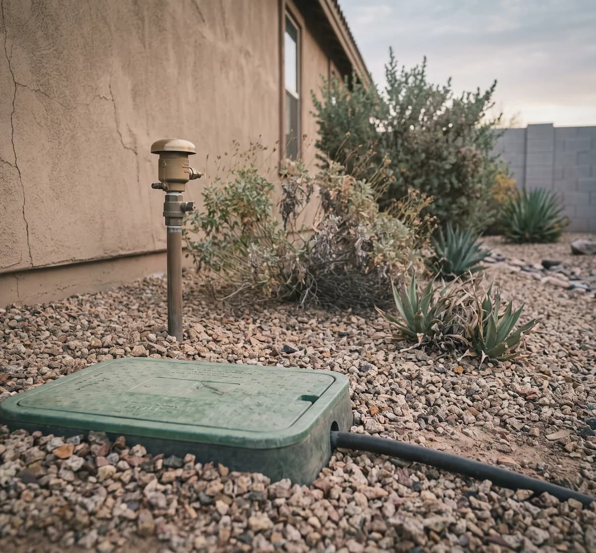 Brass pressure vacuum breaker on a riser at the front corner of a Peoria yard, its line dropping toward a valve-box lid