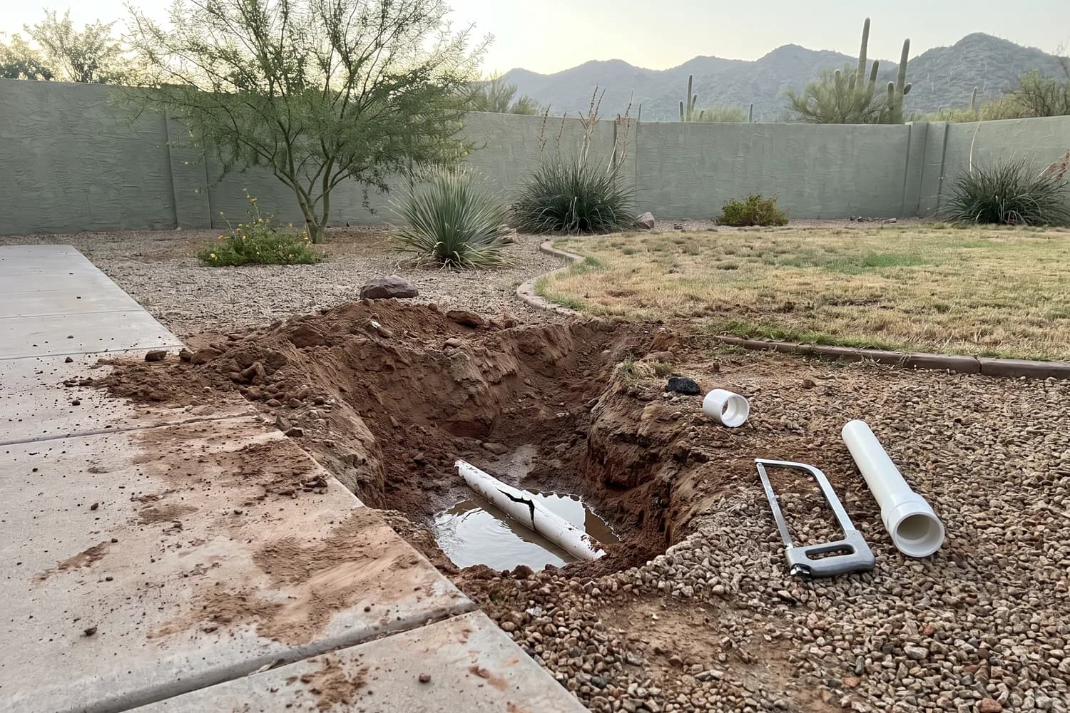 Hand-dug hole at a walkway edge exposing a split PVC pipe, with a hacksaw, new pipe and a repair coupling beside it