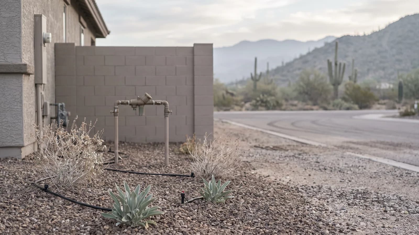 Brass backflow assembly on risers beside the front wall of a Peoria home, behind a drip-fed gravel bed