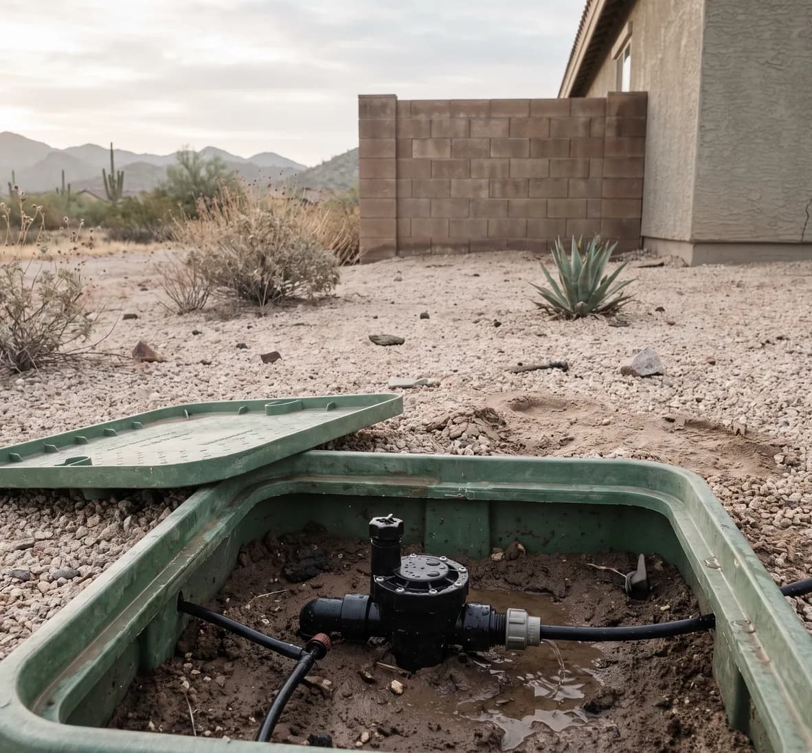 Open valve box with wet soil and beads of water along a valve that has not shut off, the gravel around it dry