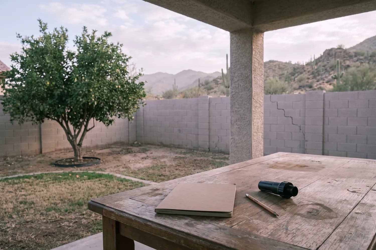 Closed notebook, a pencil and a sprinkler nozzle on a shaded patio table, with a Peoria backyard and citrus tree beyond
