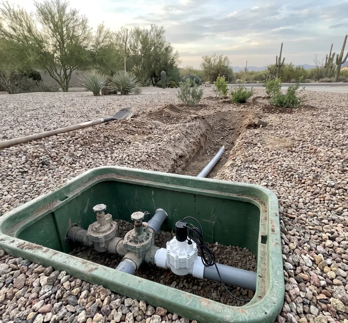 Existing valves with a new third valve joined onto the manifold in an open box, and a fresh trench leading to a new bed