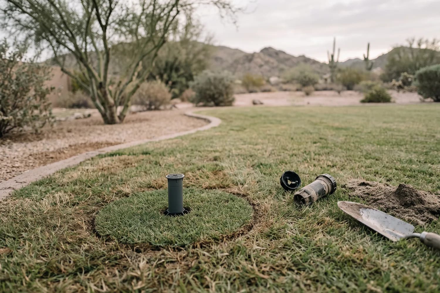 New rotor head seated flush in a lawn edge, with the broken old rotor, a trowel and soil beside it