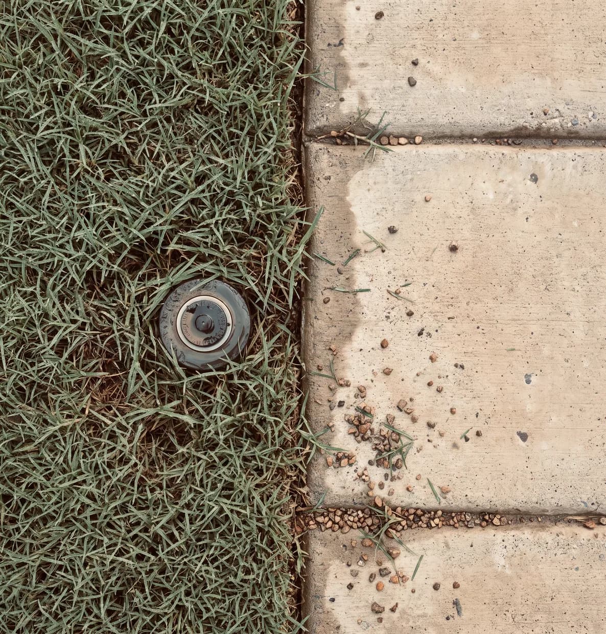 Pop-up spray head at a lawn edge with damp grass stopping neatly at a dry concrete sidewalk
