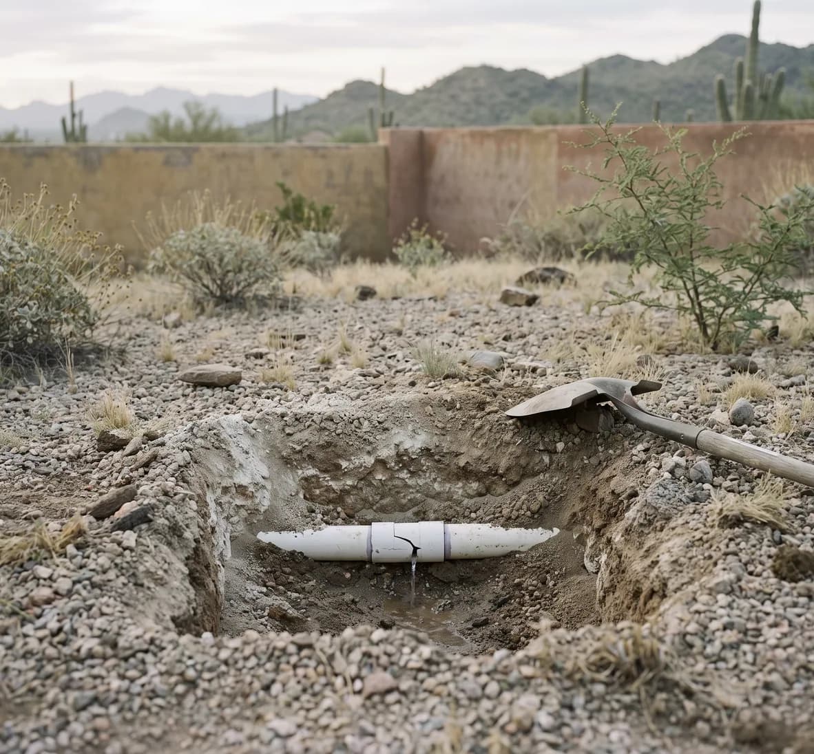 Hand-dug hole exposing a leaking PVC fitting under a pale caliche layer, with damp soil spreading sideways along the layer