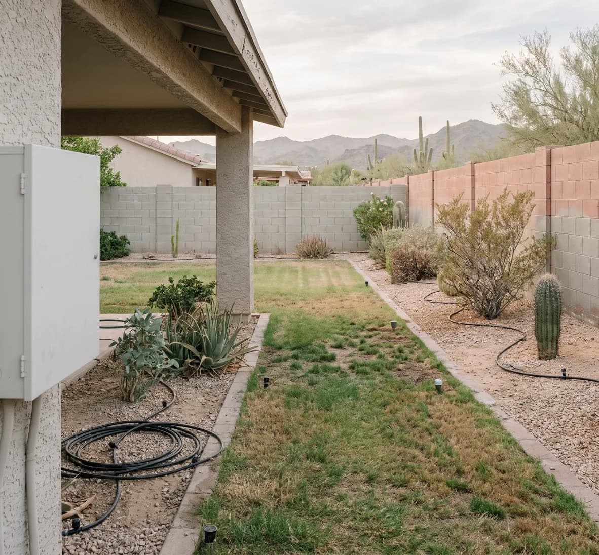 Backyard with a shaded patio bed, a small lawn strip and a sunny west-facing shrub strip, beside a closed white controller