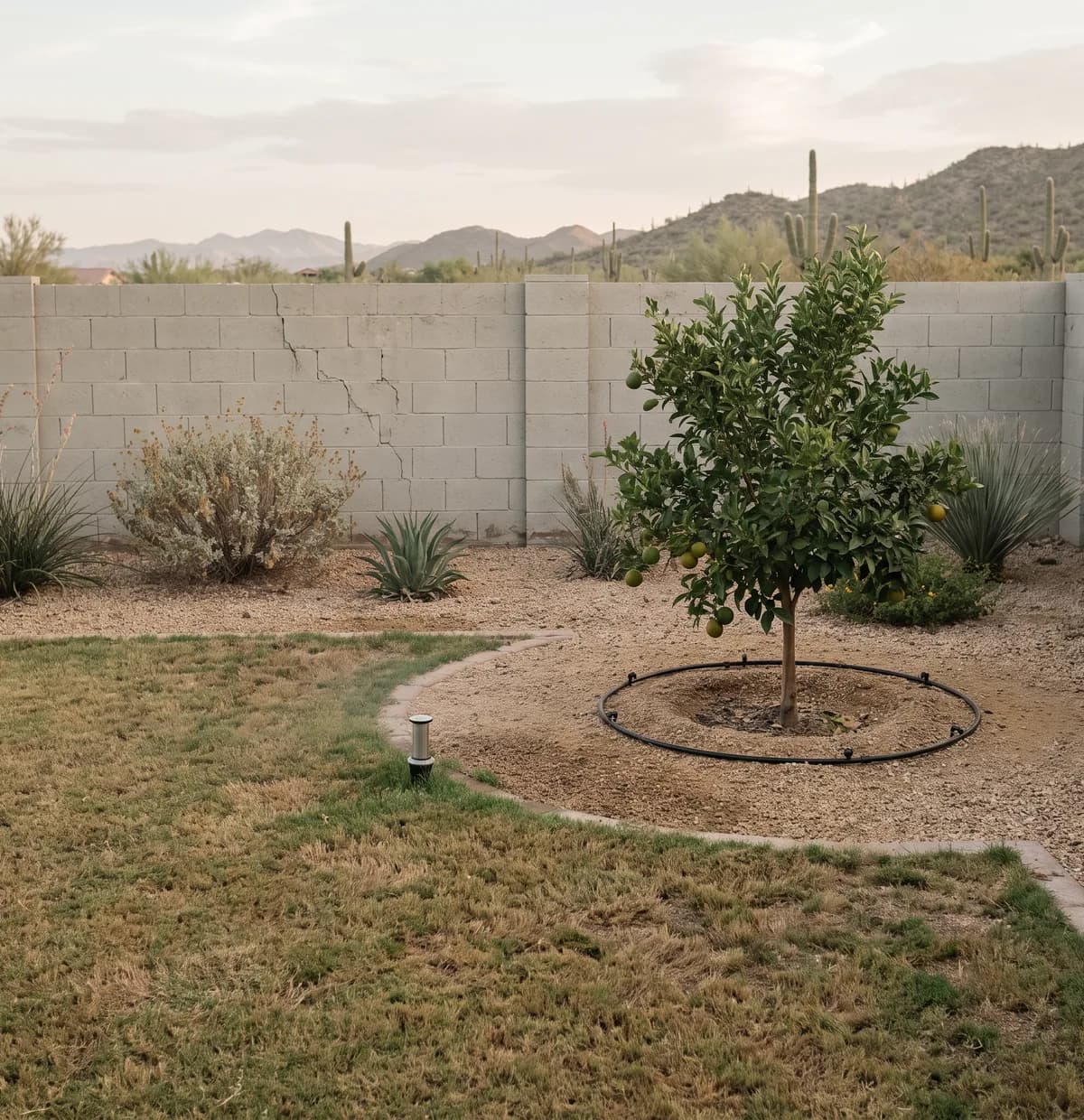 Peoria backyard with Bermuda grass on spray heads, a citrus tree on its own drip ring and desert shrubs in gravel