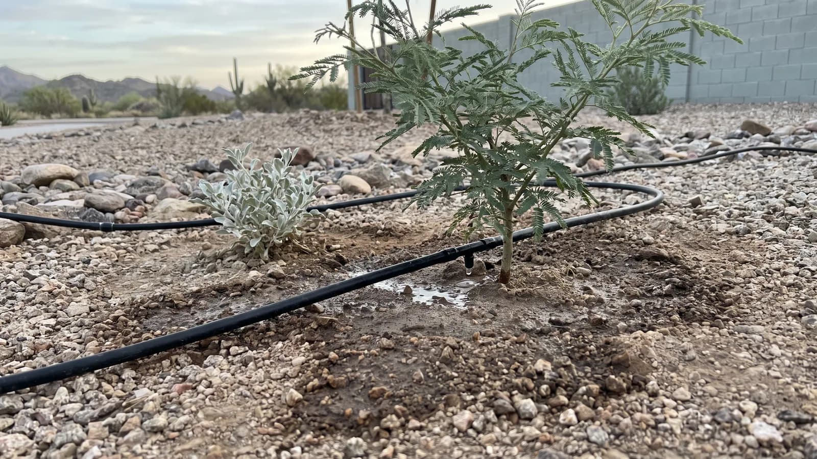 Drip emitters spreading wide circles of moist soil around a young mesquite and a brittlebush in a Peoria gravel bed