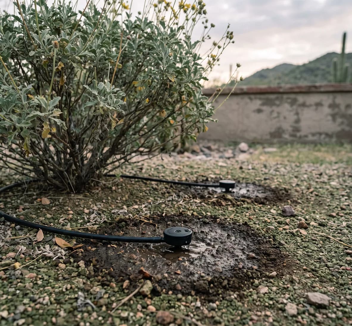 Two drip emitters at the edge of a desert shrub canopy, each with a wide damp ring of soil from a long slow soak