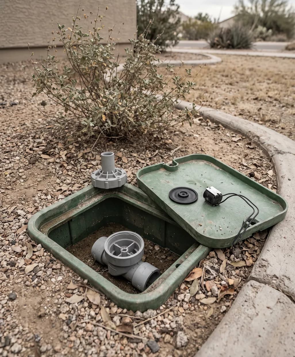 Open valve box in a Peoria gravel bed with the valve bonnet off and its diaphragm and solenoid laid out for checking