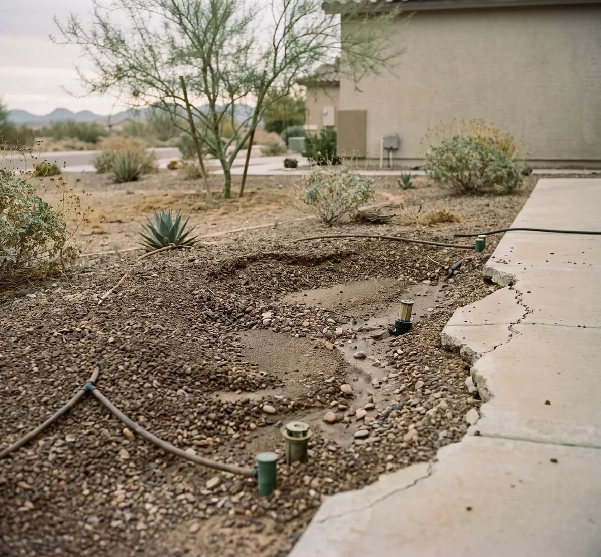 Sunken damp patch of gravel washing out from under the edge of a concrete walkway, with the sprinkler heads nearby dry
