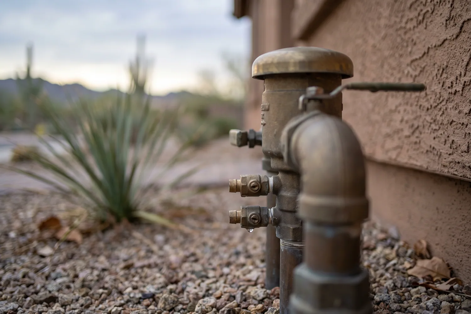 Brass pressure vacuum breaker on a riser rising from the gravel beside a Peoria home