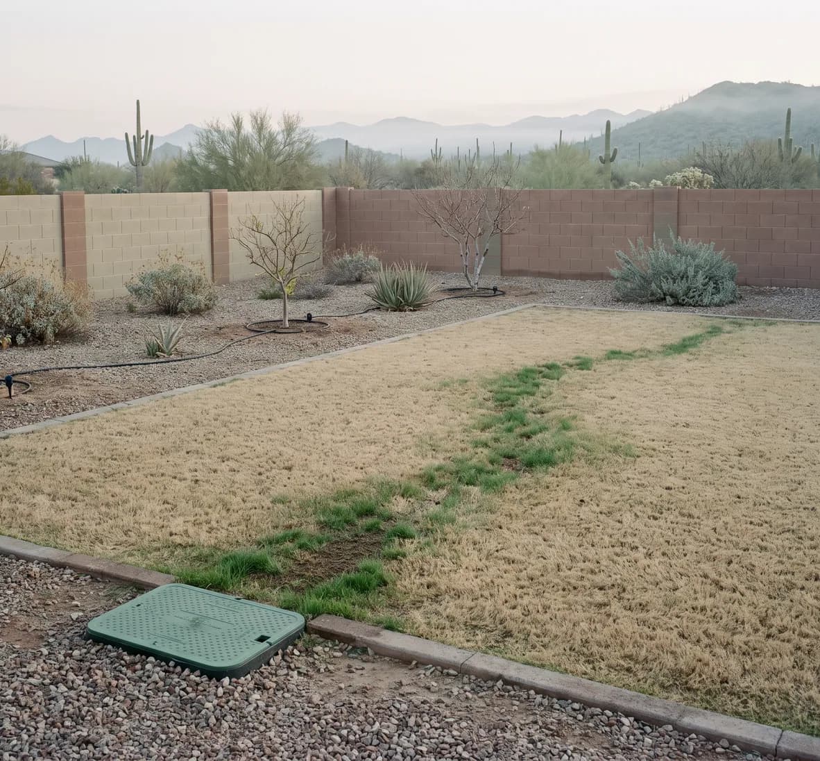 Long streak of greener grass across a dormant tan lawn, running from a valve-box lid in the gravel border
