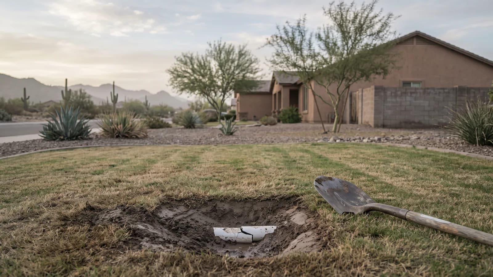 Shallow hole at a Peoria lawn edge exposing a cracked PVC sprinkler pipe in damp soil, with a shovel on the grass