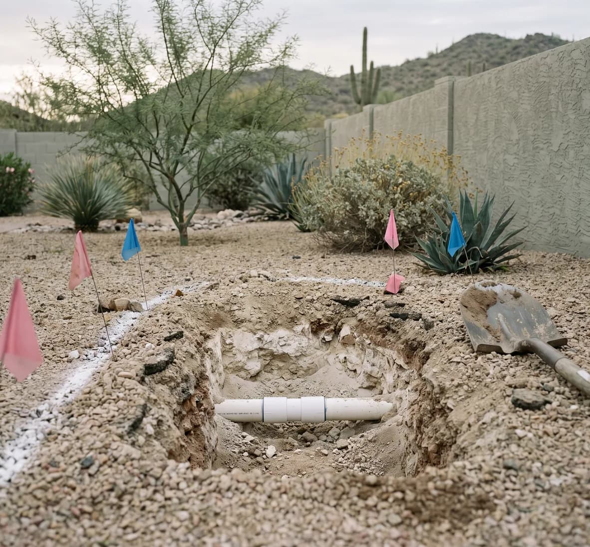 Hand-dug hole exposing a repaired PVC line with two couplings, with plain marking flags for buried utilities nearby