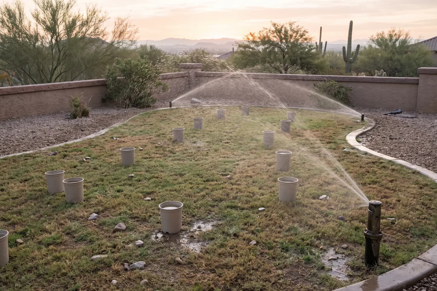 Plain catch cups set in a grid across a small curved lawn with spray heads running over them at first light