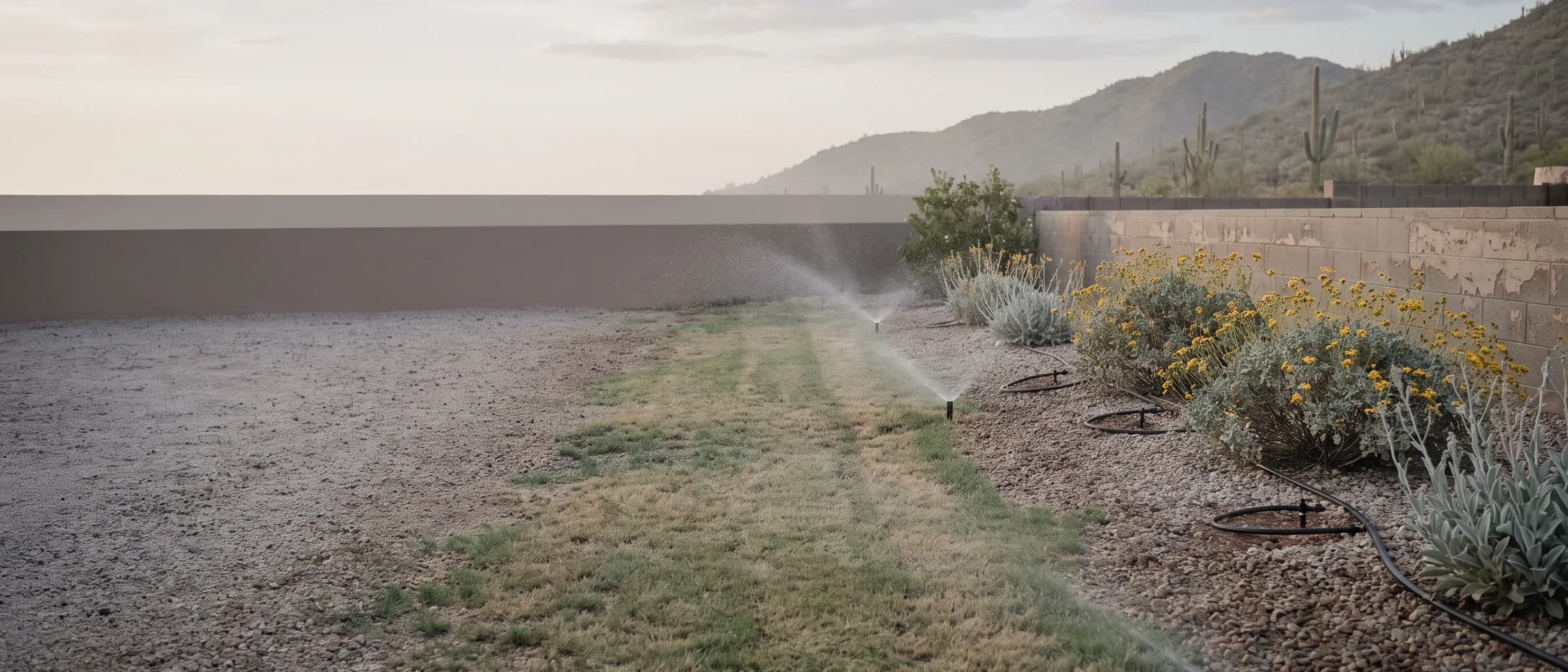 Spray heads finishing a cycle on a small lawn beside a drip-watered desert bed in a Peoria, Arizona front yard at dawn, with foothill ridges beyond