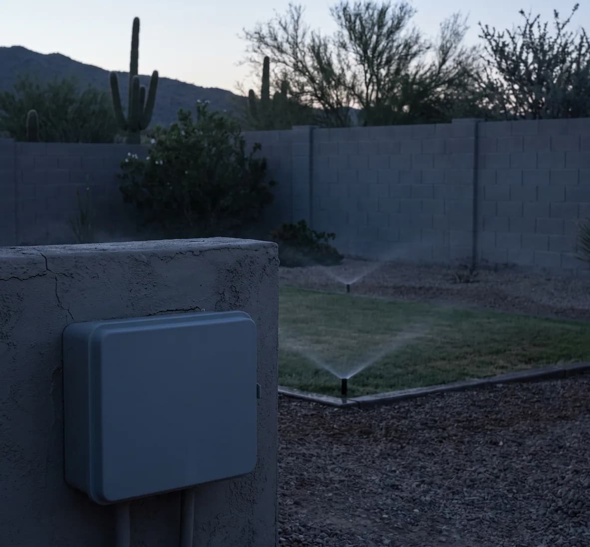 Closed controller box on a stucco wall in pre-dawn twilight, with spray heads running on a small lawn beyond